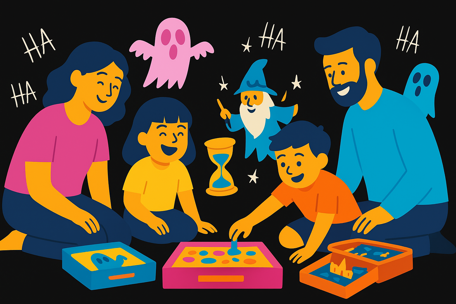 Une famille jouant à un jeu de société entourée de fantômes, sorcier et d'un sablier et des ha ha ha autour